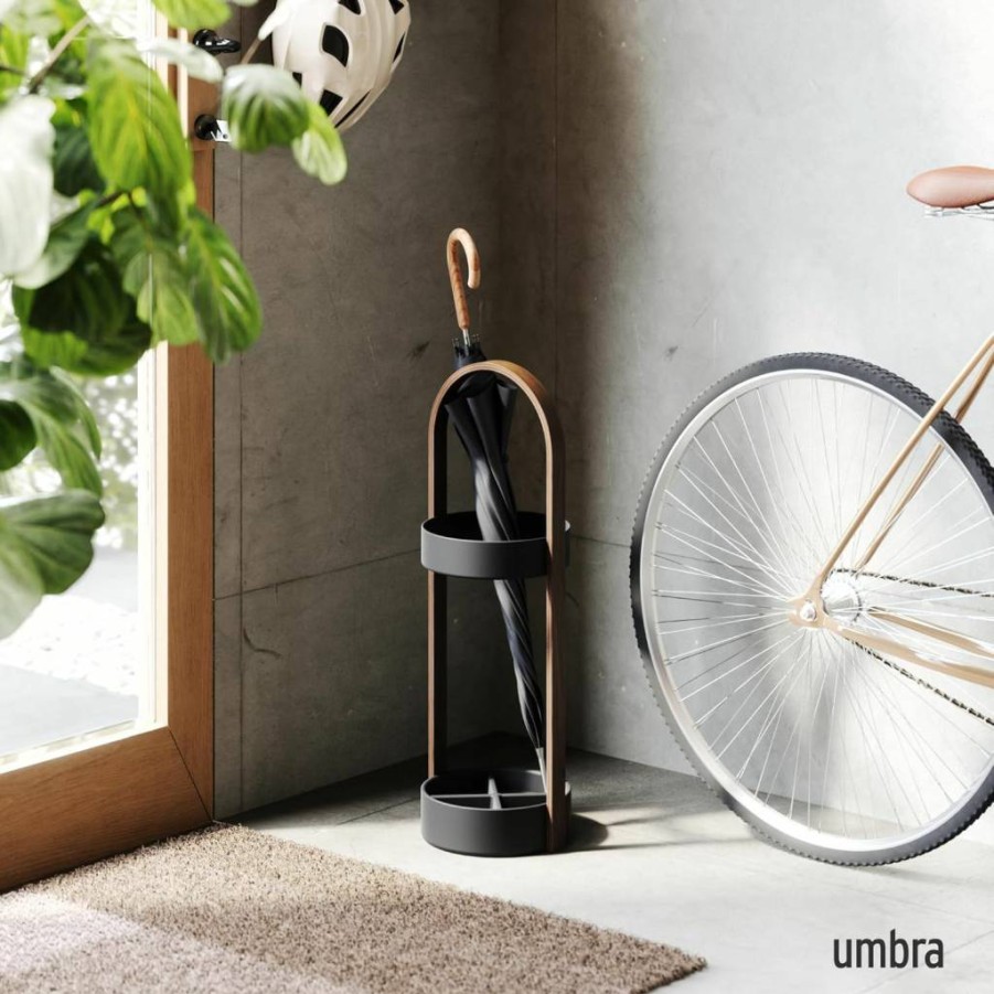 Umbra Modern Space-Saving Hub Umbrella Stand in Black/Walnut - Compact Entryway Organizer