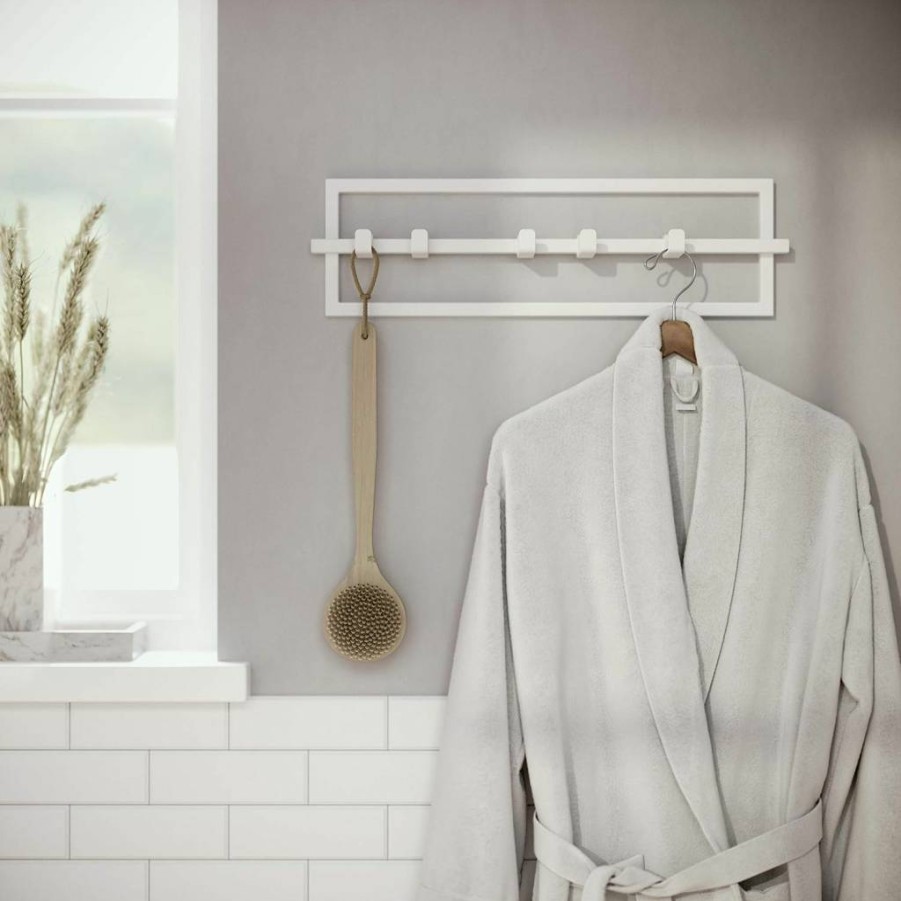 Umbra Cubiko White Wall Mounted Coat Hanger with Retractable Hooks - Space Saving Organizer for Coats, Scarves, Purses