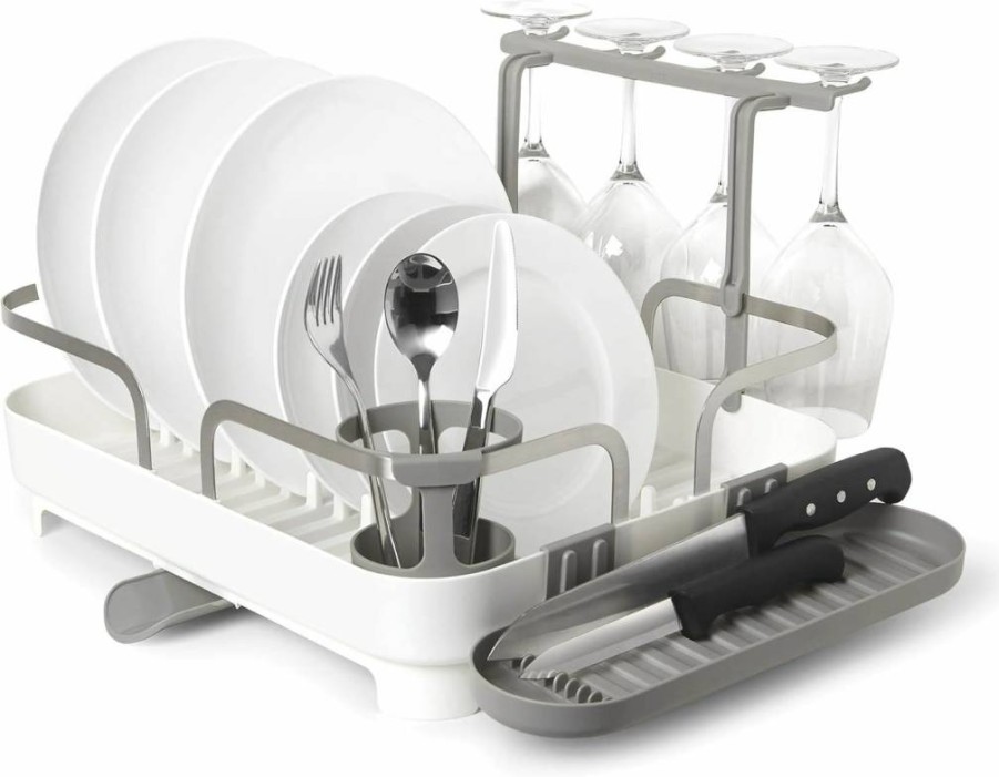 Umbra White Dish Drying Rack with Drainage Spout - Modern Holster Design Molded Plastic Dish Rack for Kitchen Counter